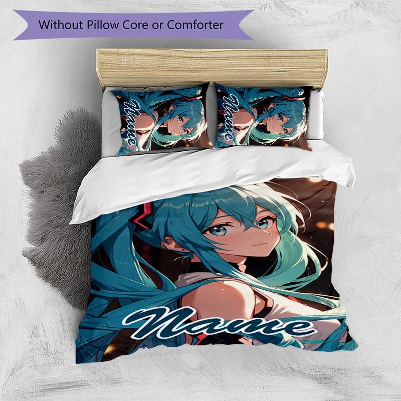 Set Copripiumino Hatsune Miku 3 Pezzi - Nome Personalizzato, Biancheria da Letto Stampata HD con 1 Copripiumino e 2 Federe - Perfetto per l'Arredamento della Casa, Facile da Curare