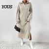Daily Wear Dresses Women Knit Sweater Dress for Fall Winter, Ribbed Long Sleeve with Solid Color Side Split, Casual Collared V Neck Midi Machine