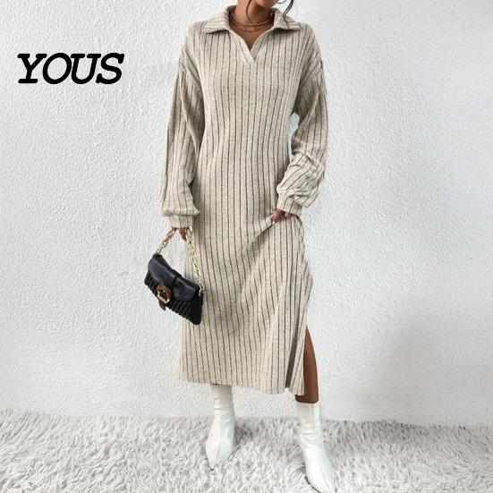 Daily Wear Dresses Women Knit Sweater Dress for Fall Winter, Ribbed Long Sleeve with Solid Color Side Split, Casual Collared V Neck Midi Machine