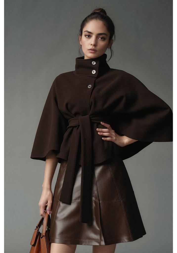 European and American Women's Autumn/Winter Wool Cape Coat with Stand Collar and Belt