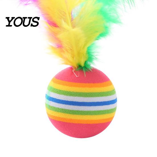 Kitten Play Ball Colorful Striped Cat Ball, Soft Foam with Feathers, Quiet Elastic Feather Interactive Toy for Indoor Cats