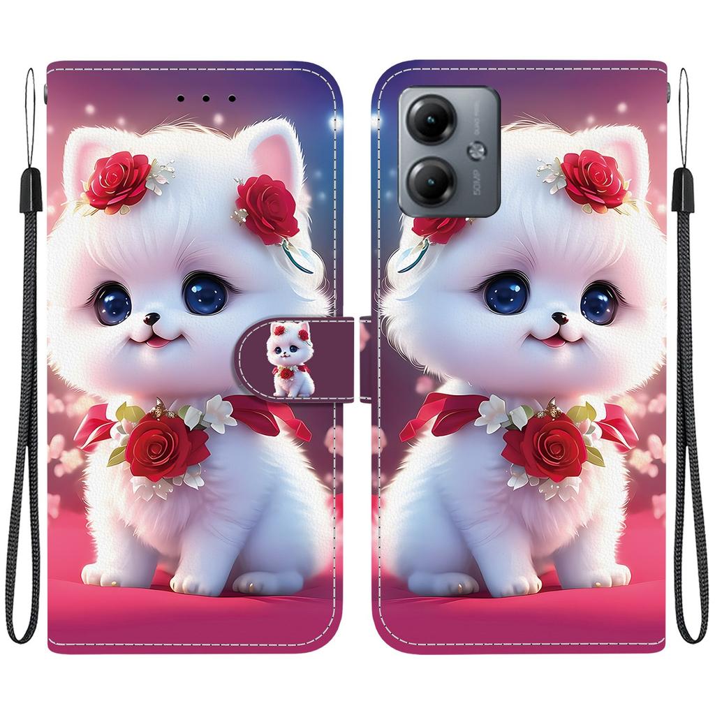 Handmade PU Leather Flip Case for Motorola Moto G14 Anti-Slip Shockproof Cover with Wrist Strap & Heart/Rose Cat Designs