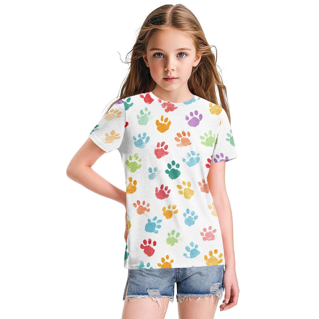 Top Casual Fashion Soltinho com Estampa Floral Fofa, Gola Redonda e Manga Curta para Crianças