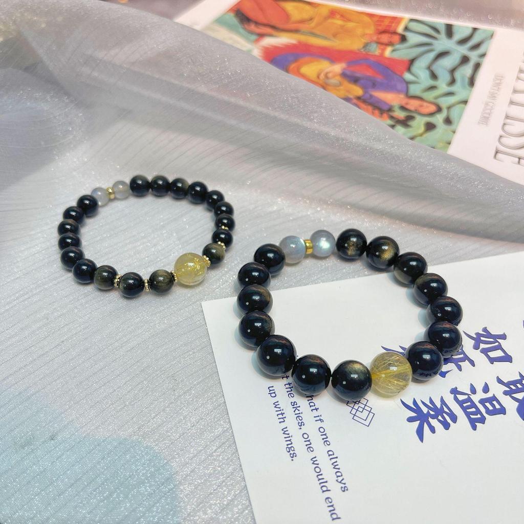 Original Partner-Stil Goldener Rutilquarz & Goldener Obsidian Kristall Perlenarmband - Einzigartiges Schmuckgeschenk