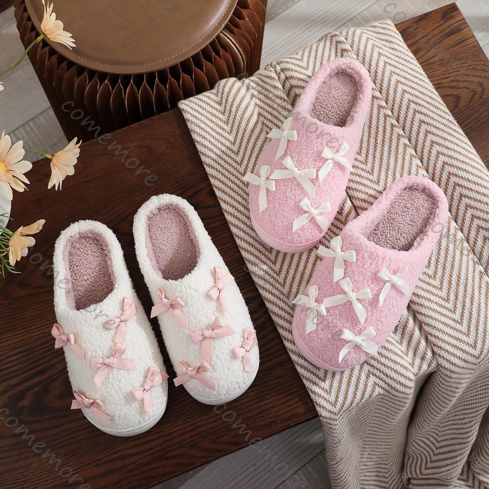 Comemore Autumn and Winter Bowkont Cute Plush Cotton Slippers Women Warm Indoor Shoes Casual Flat Soft Sole Slides Women's Shoes