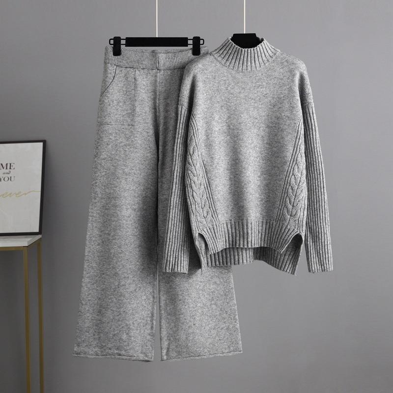 Autumn and winter new fashion sweater set drape knitted wide-leg pants two-piece set women's fashion trend
