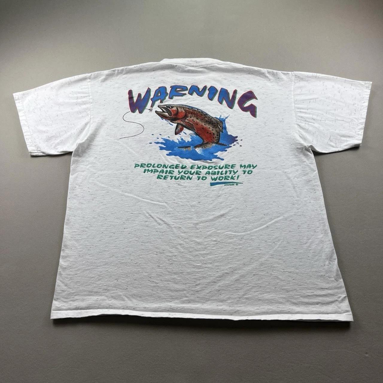 Vintage Fishing T-Shirt Mens XL Gray Cropped Nature Eagle Lake Trout Warning 90s 3XL