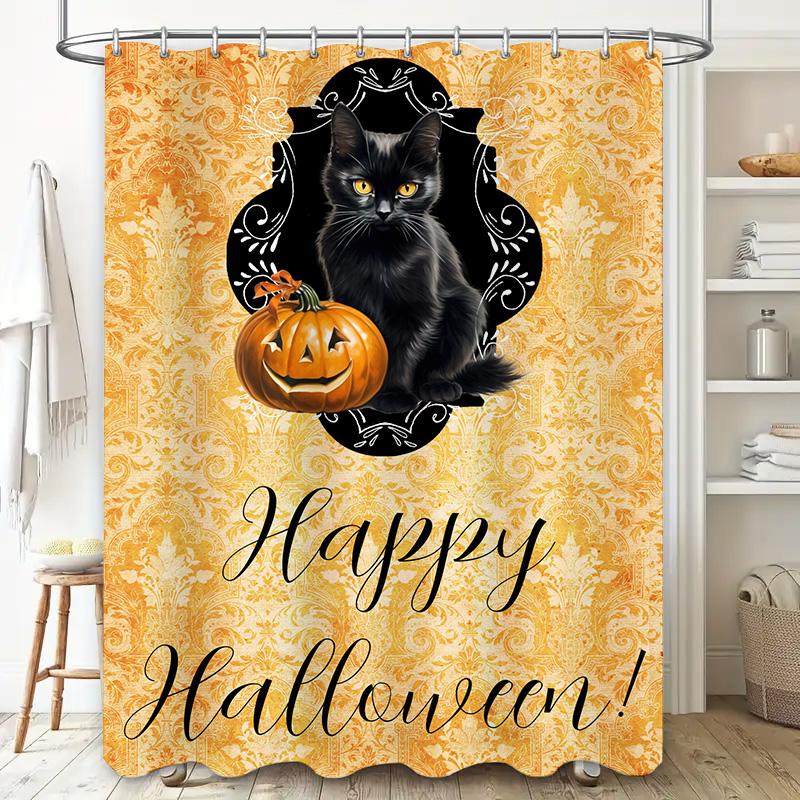 Halloween Shower Curtain with Jack-O-Lantern Pumpkin Print Fall Decorations for Bathrooms Black Cat Yellow Damask Pattern Reusab