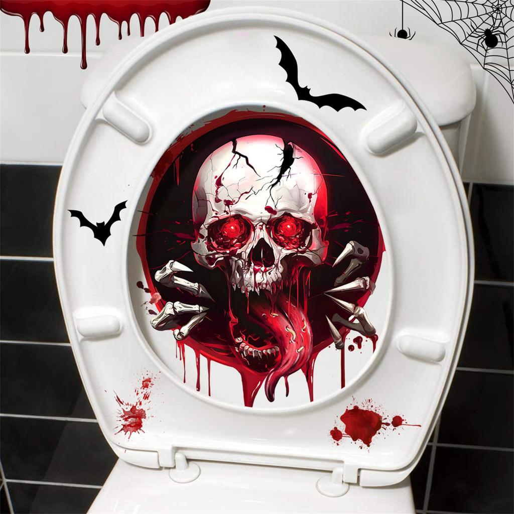 Spooky Halloween Decorations Set Self-Adhesive Skull Bat Wall Stickers for Bathroom Waterproof and Removable Toilet Seat Lid