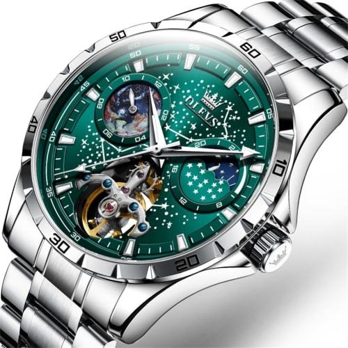 OLEVS Pánské automatické mechanické hodinky Starry Sky Dial Kožený řemínek Vodotěsné pánské hodinky Black