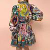 Damen Frühling Neu Bedrucktes Rundhals Taillen Schnürung Gitter Rüschen Vintage Kleid