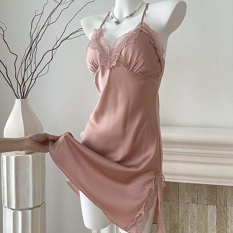 Women's Summer Ice Silk V-Neck Camisole Nightgown Set – Sexy, Solid Color, Slit Design, Two-Piece Luxury Homewear