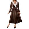 Elegant Velvet Long Sleeve Midi Dress With Lace Panel V-Neck A-Line Womens Winter 2026