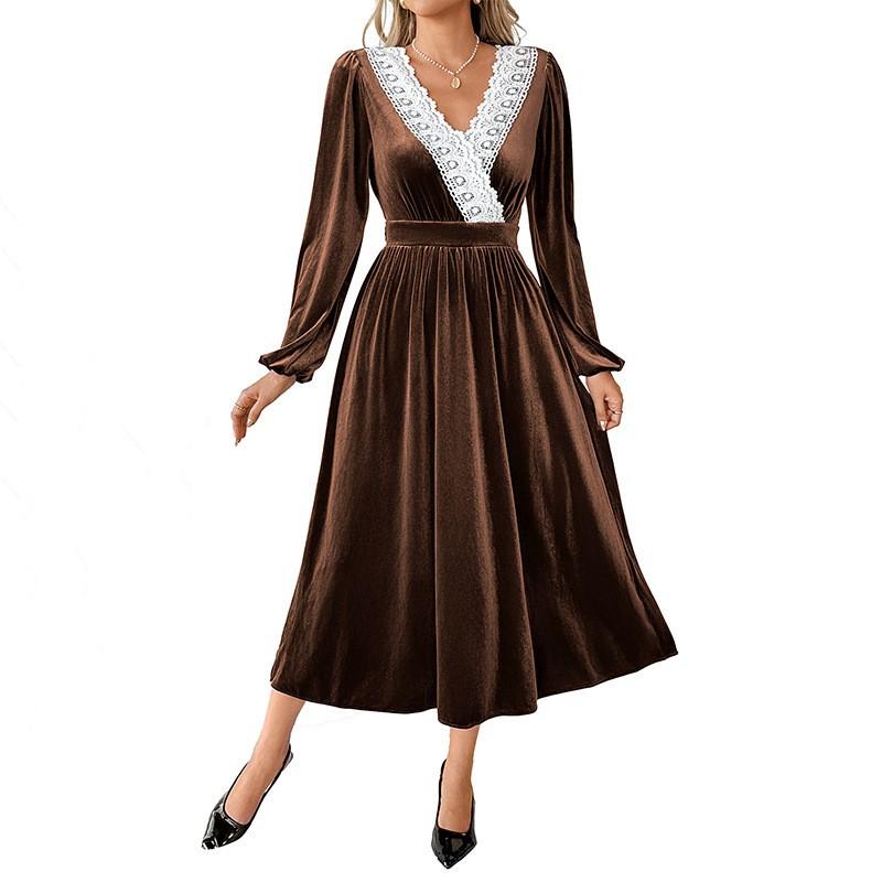 Elegant Velvet Long Sleeve Midi Dress With Lace Panel V-Neck A-Line Womens Winter 2026