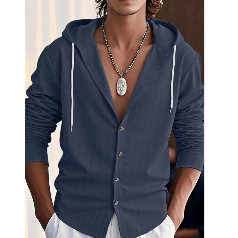 Mens Striped Hooded Linen Blend Long Sleeve Shirt Casual Loose Fit Beach Top