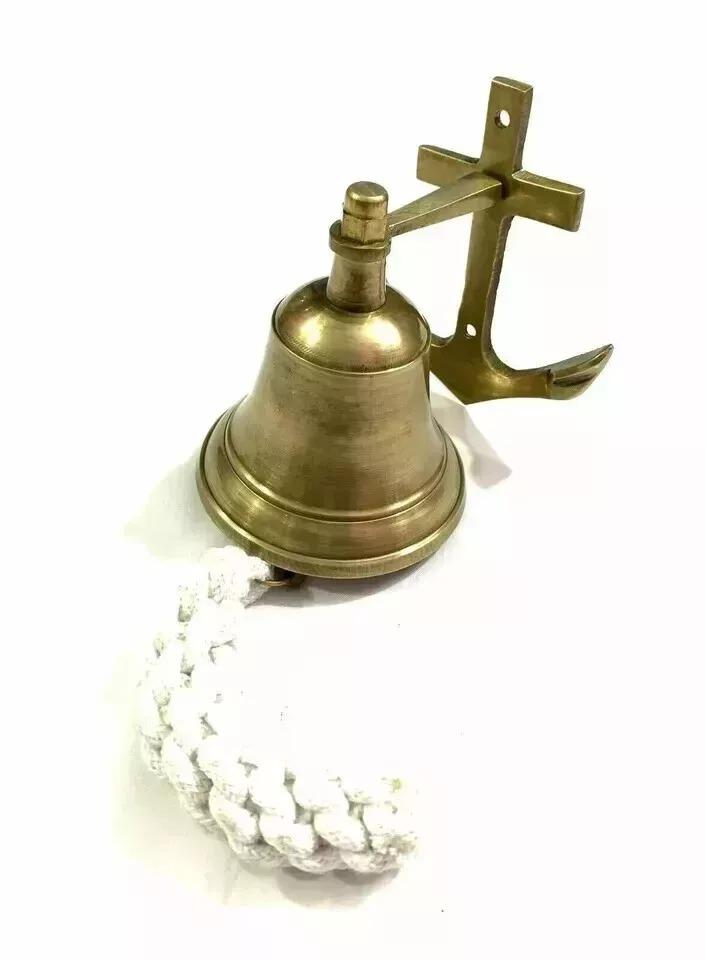Antique Brass Finish Anchor Ship Bell With Rope Lanyard Nautical Wall Decor