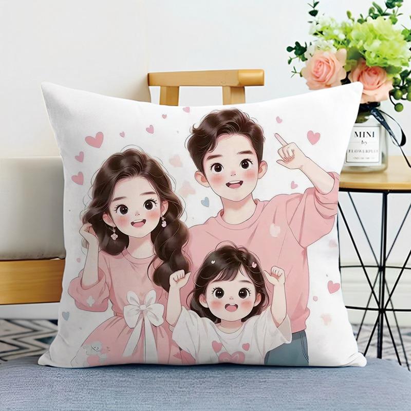 Happy Family Print Decorative Pillowcase Bedroom Living Room Square Cushion Pillowcase