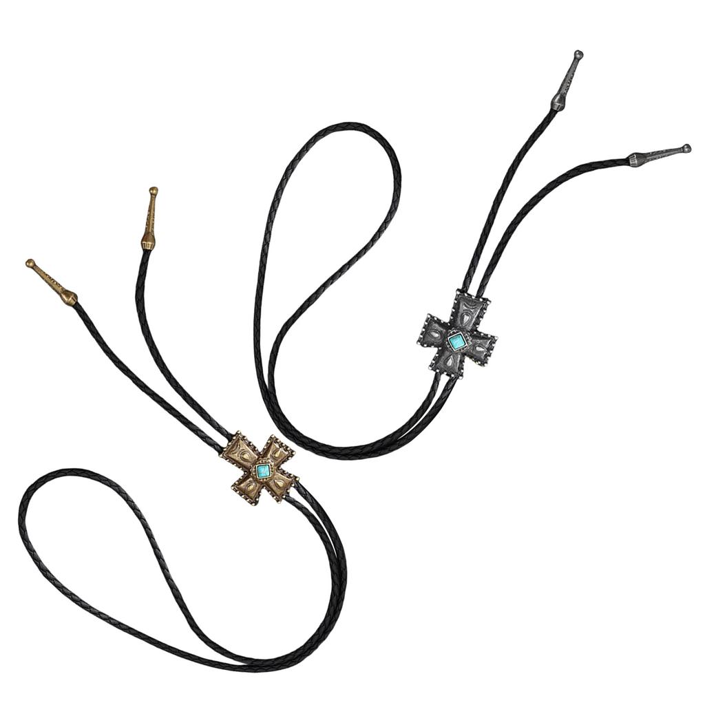 Vintage Faux Leather Cord Bolo Tie with Turquoises Crosses Pendant Adjustable Chain Necktie Necklace for Western Fashion