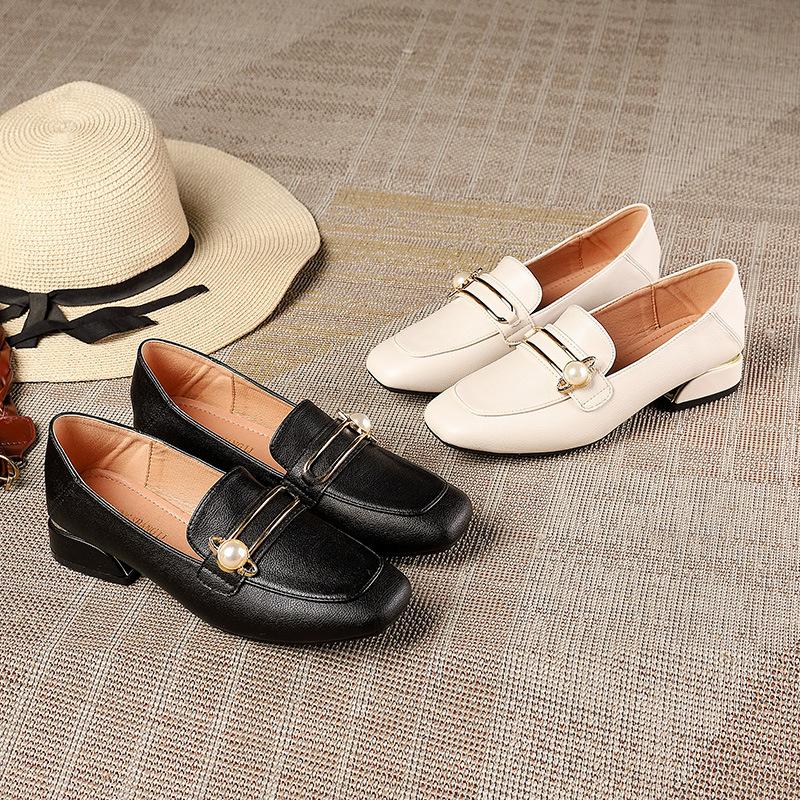 Square Toe Shallow Mouth Single Shoes Women  New Summer All-match Soft Leather Thick Heel High Heels Women