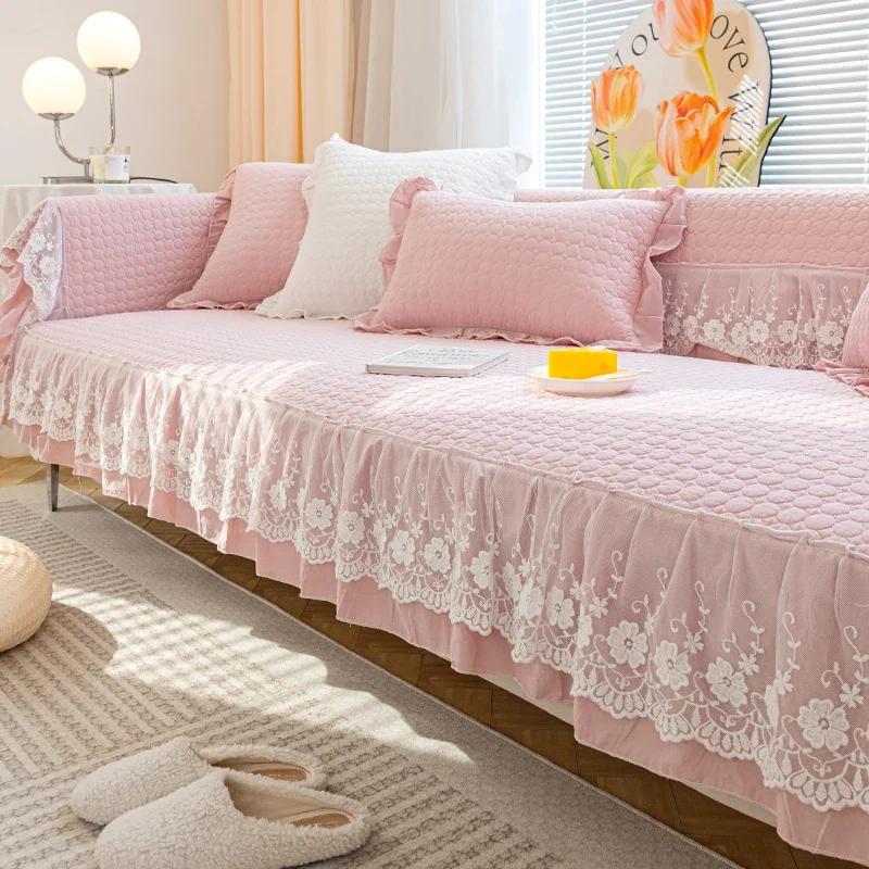 1PC Thicken Cotton Sofa Seat Cover with Lace Embroidery Sofa Cushion Mat Living Room Couch Slipcover Furniture Protector Decor