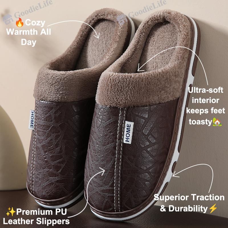 New Winter Couple Slippers  PU Leather Indoor Anti Slip Warm House Shoes