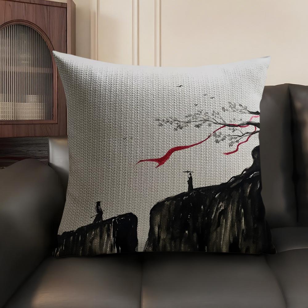 Chinese Ink Painting Style Pillow Case Natural Linen Organic Fabric Double-Sided Printing Sofa Home Decor Gift Cushion Cover