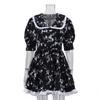 Women Black White Floral Print Bubble Sleeve Dress with Ruffle Trim