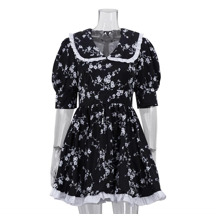 Women Black White Floral Print Bubble Sleeve Dress with Ruffle Trim