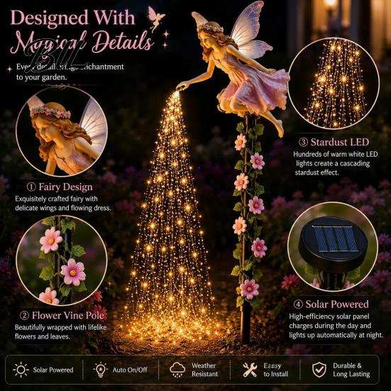 Decorative Yard Ornaments for Gardens Fairy Sprinkling Magic Dust Solar Garden Light, Outdoor Front Pathway Decorations Statue with LED Light String,