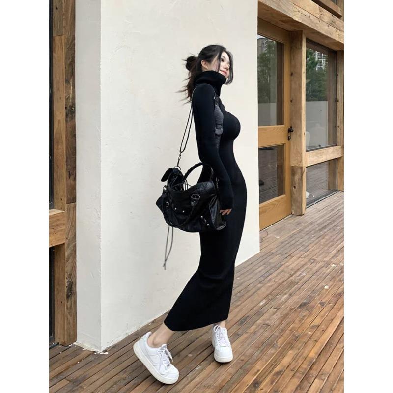 Stunning High-end Long Black Inner Slim-fitting and Thin Bottom Sweater Skirt High-necked Knitted Dress Women's Autumn and Winter
