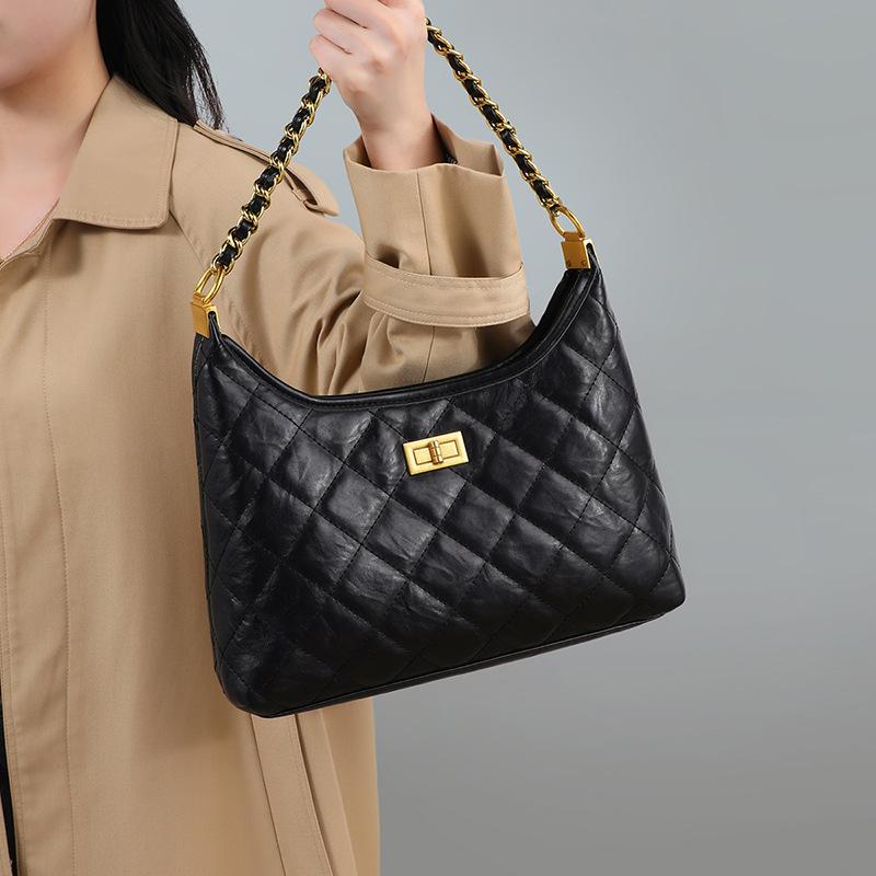 Bag Women's Bag Spring and Summer Leather One Shoulder Crossbody Bag Premium Sense Rhombus Chain Underarm Bag