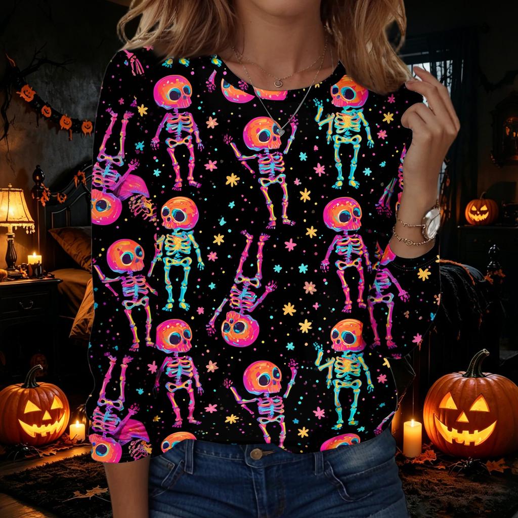 Women's Halloween Printed Long Sleeve Neck Pullover Top