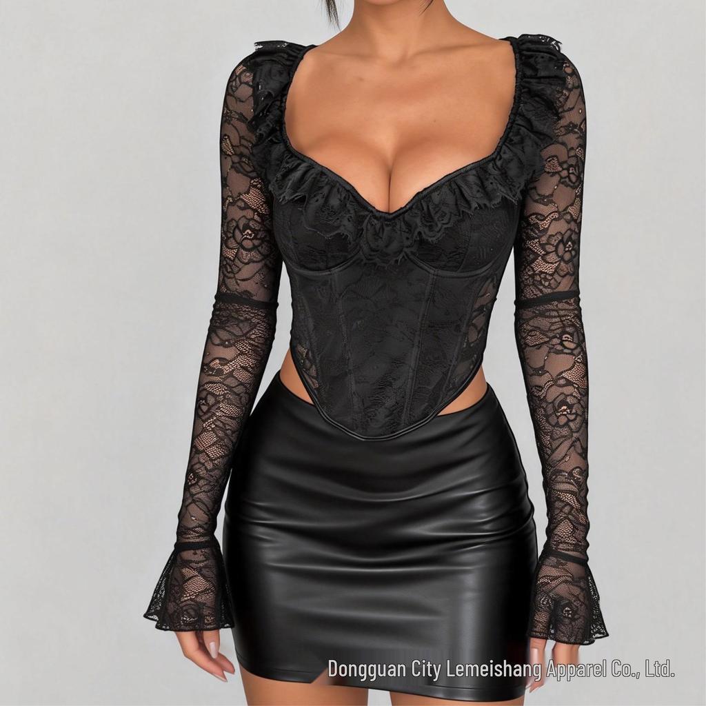 Schmal geschnittenes floral spitzenbesetztes Bügel-Top - Sexy Langarmhemd