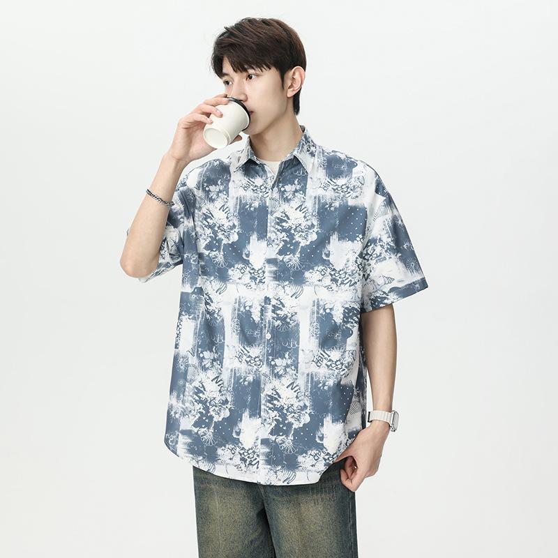 Men's Blue White Abstract Print Short Sleeve Shirt - Oversized Casual Streetwear Summer Button Up