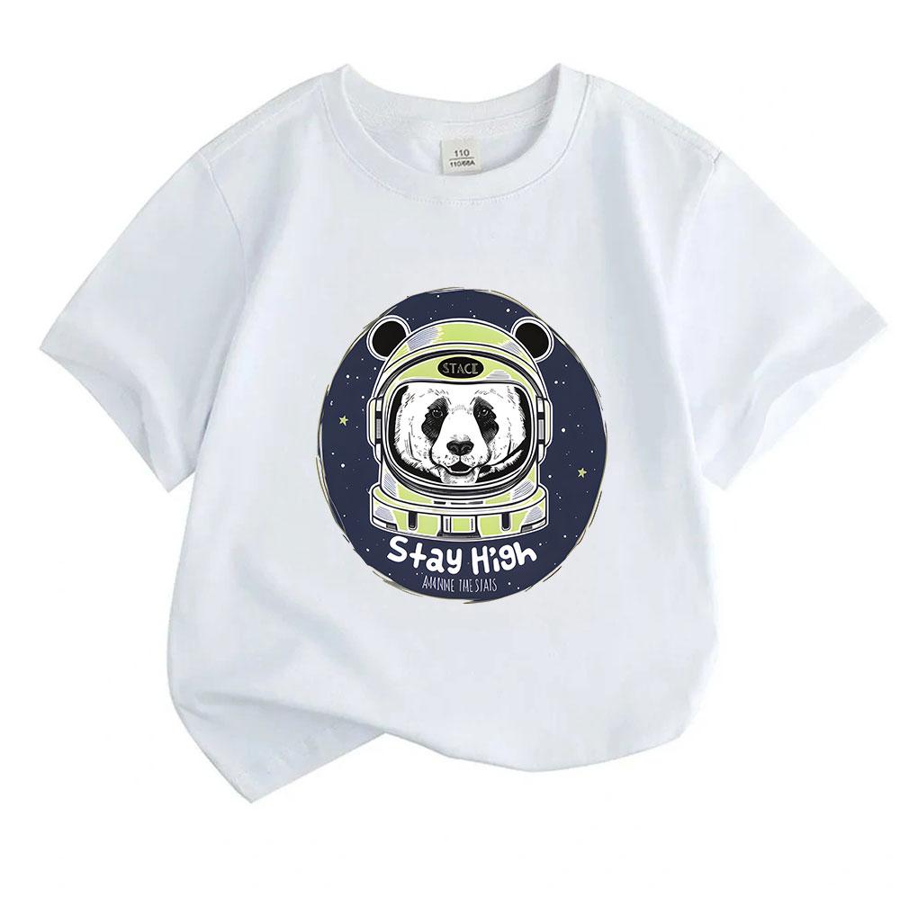 Kids Boys Girls 100% Cotton Crew Neck Short Sleeve T-Shirt, Cute Space Panda Astronaut Print Casual Stay High Tee, Soft Breathable Summer Top for Dail