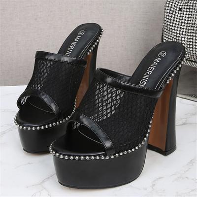 Damen Sommer Block 14cm High Heels 4cm Plateau Pantoletten Peep Toe Mesh Pantoletten Lady Nieten Hausschuhe Extreme Heels Modeschuhe