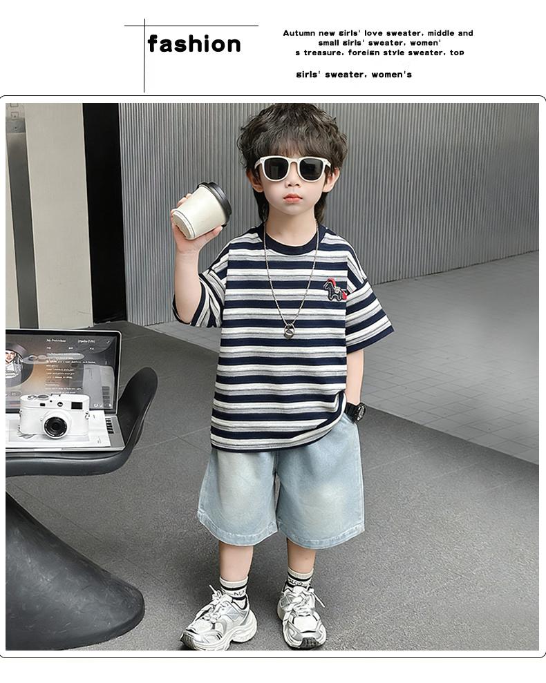 Boys' Summer Striped Short Sleeved Denim Shorts Two-piece Set, Children's Handsome and Versatile Casual Set, Thin