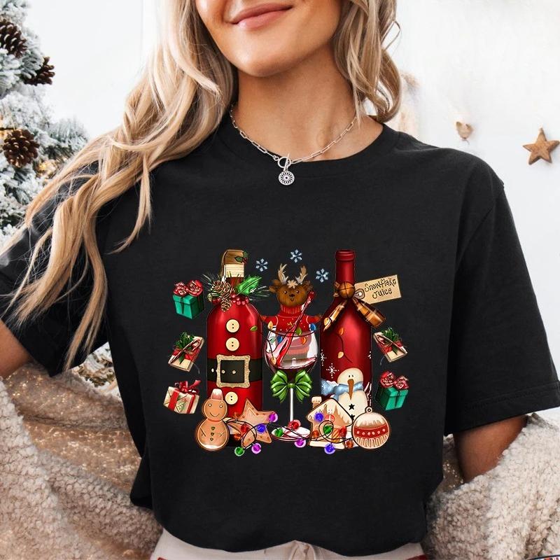 Lumières de Noël Verre à Vin Rouge T-shirt Femme Mode Fête de Noël Tops Harajuku Esthétique Décontractée Hauts de Fête pour Femmes