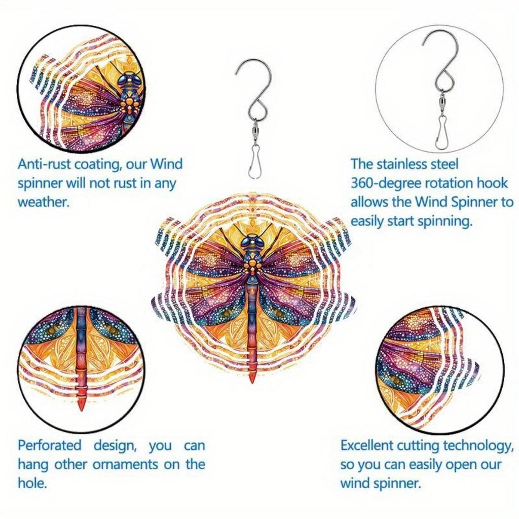 Kovová větrná rolnička s rotujícím větrníkem, venkovní závěsná dekorace s barevným motivem vážek, zahradní dynamické umělecké řemeslo pro Halloween