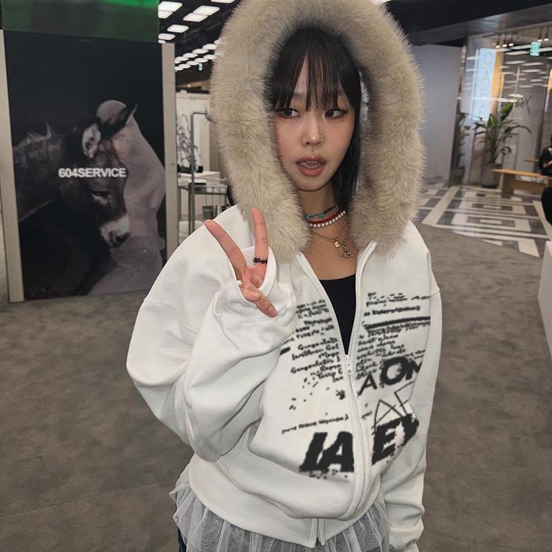 Fur Collar Hooded Zipper Coats for Women Harajuku Letter Printed Hoodies Streetwear Thick Coat Autumn Winter Jacket Y2K