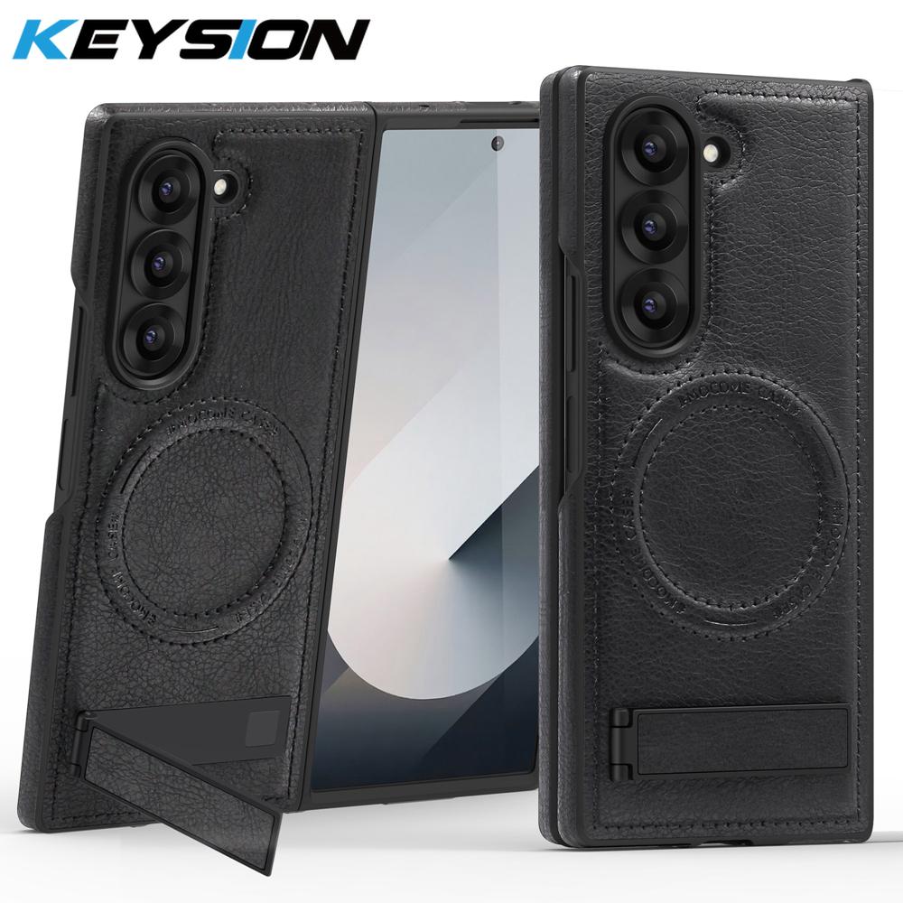 KEYSION Luxusní PU kožené magnetické pouzdro pro MagSafe pro Samsung Galaxy Z Fold 6 5 4 3 5G Kickstand Bezdrátové nabíjení Kryt telefonu