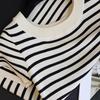 Women Sweaters Pullovers 2025 Summer Short Sleeve O-Neck White Black Striped Knitted Sweater Women Tops Pullover JJ246