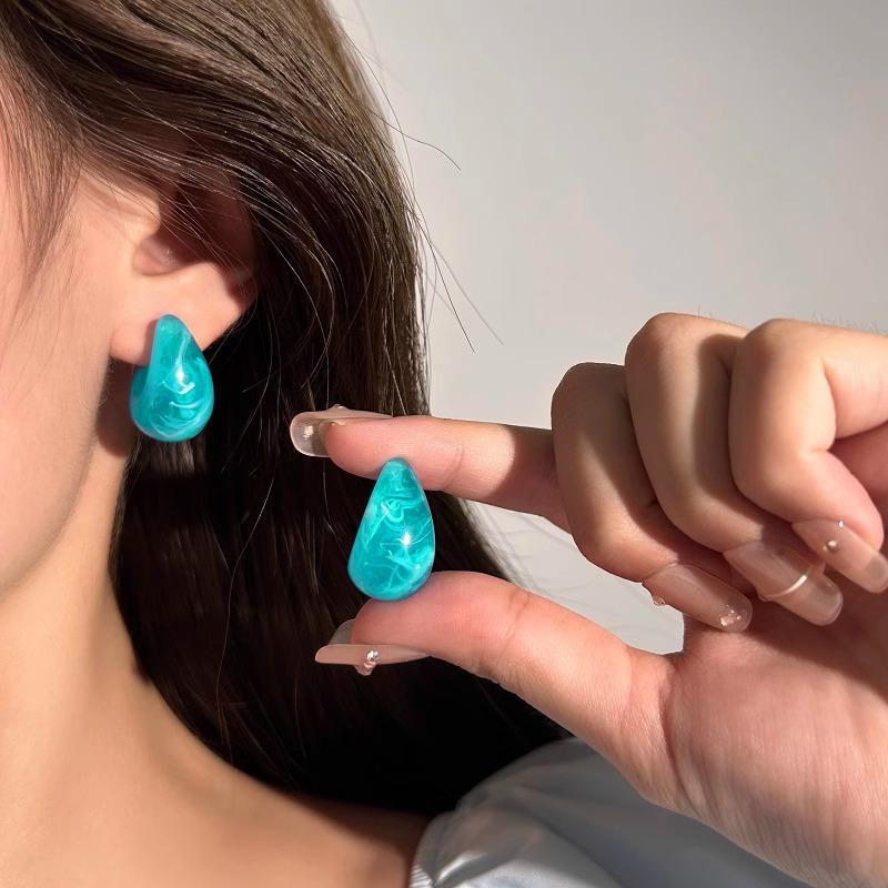 2025 New Stylish Women's C-shaped Stud Earrings Blue Enamel Water Drop Design Candy Color Lovely Wedding Zircon Aretes De Mujer