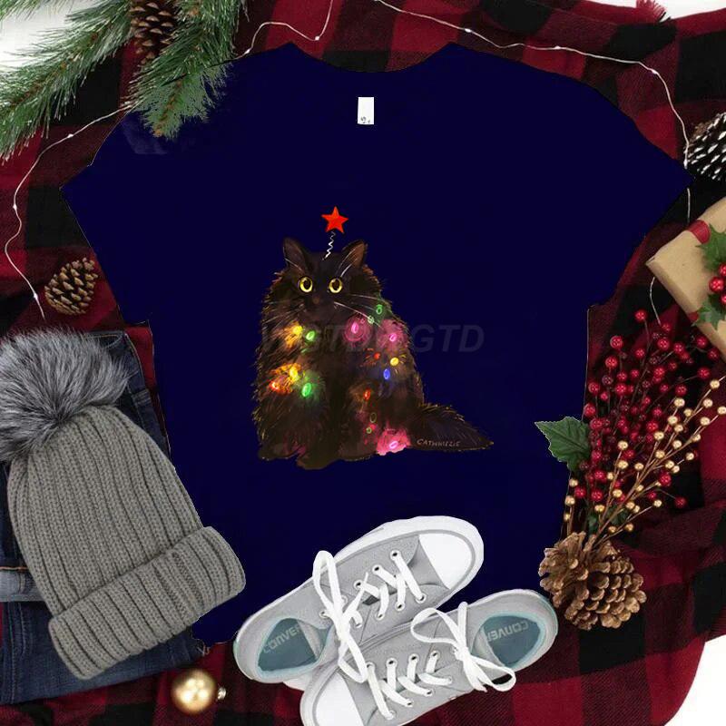 Women Tshirts Christmas Lights Cat Kawaii Cartoon Tops Tees Cute Animal Lover Funny T Shirts Girl Black Cat Fashion Casual Tops