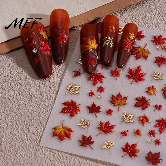 Waterproof Nail Art Stickers Autumn Maple Leaf Stickers, Self-Adhesive Fall Leaves Decals, Theme Women Embossed Manicure for Home and Salon