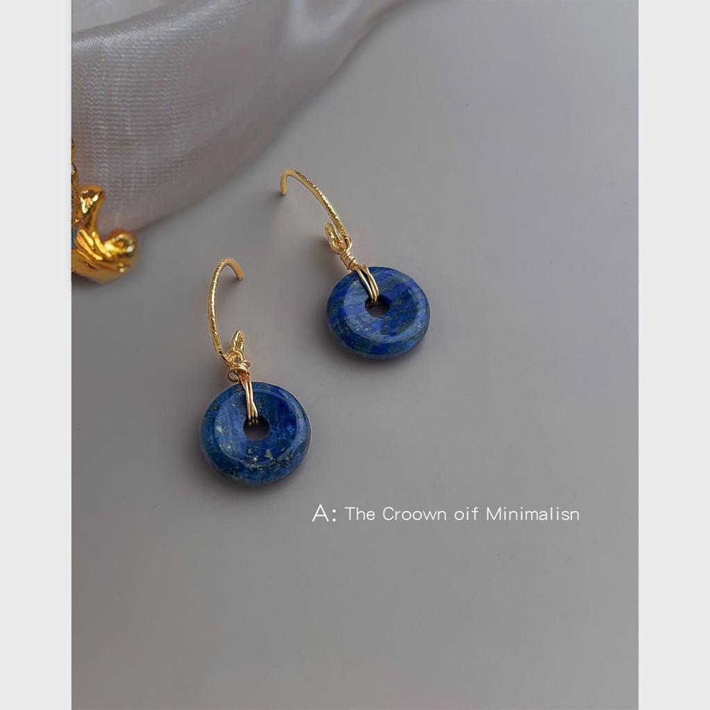 

Natural stone lapis lazuli Guochao handmade design sense of safety buckle jade pendant earrings antique new earrings jewelry