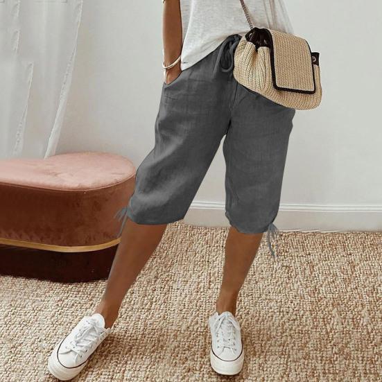 Women Shorts Elastic Mid-Waist Adjustable Drawstring Yoga Running Shorts with Pockets Solid Color Loose