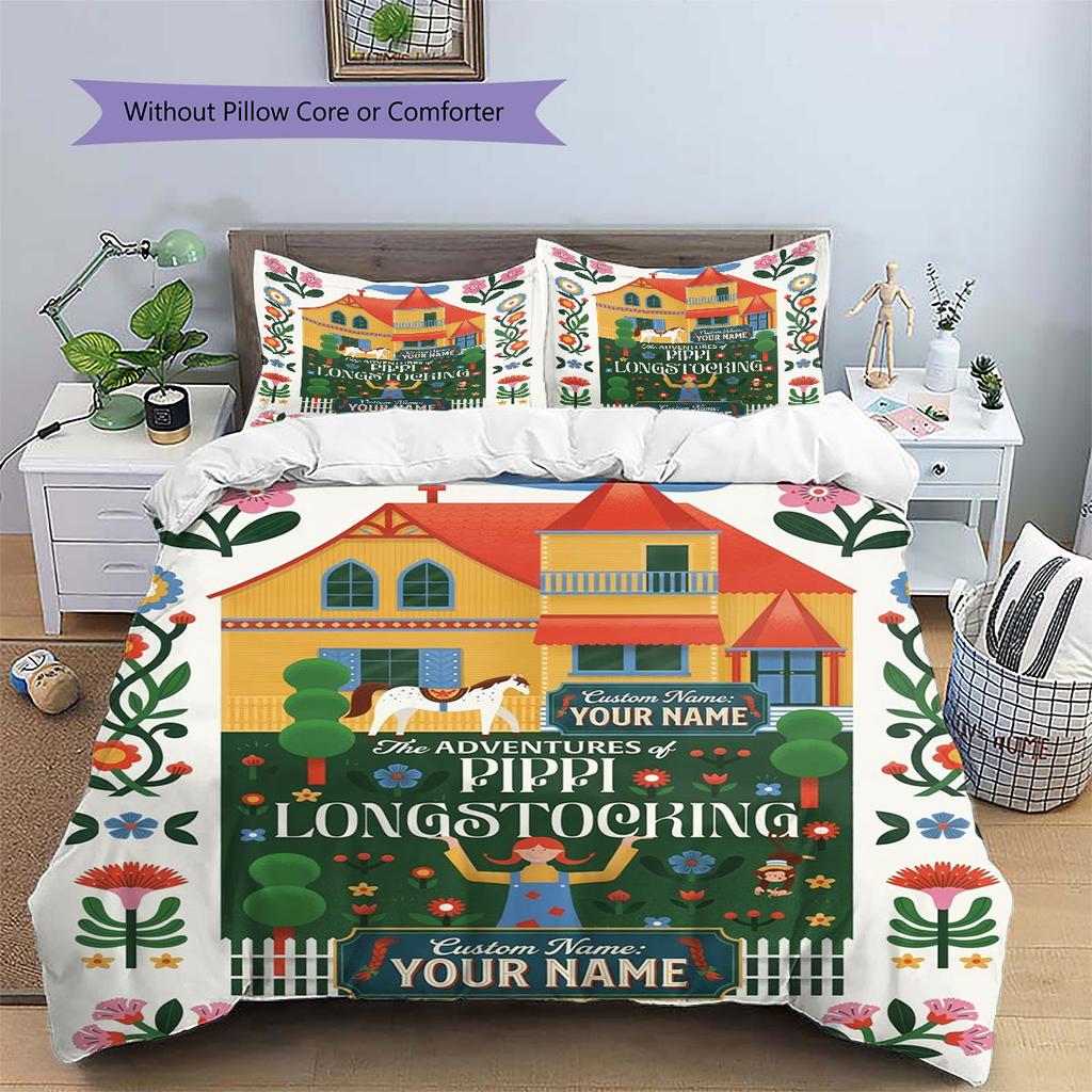 Pippi Longstocking Custom Name Pattern Bedding,Quilt Set Quilt Cover Pillowcase Home Birthday Gift(1 * duvet cover + 2 * pillowcase, without core)