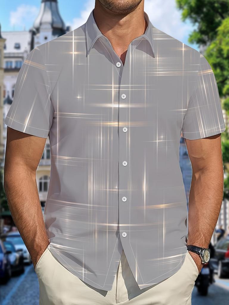 2026 Vintage Estate Uomo Camicie a Quadri Geometrici a Griglia Manica Corta Collo a Revers Stampa 3D Camicie Hawaiane per Vacanze Abbigliamento Casual da Uomo