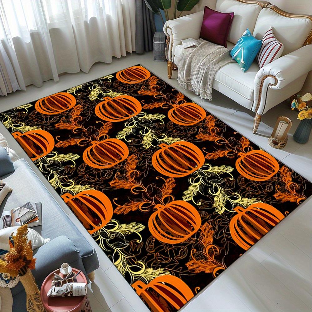 Home Relaxation Cozy Crystal Velvet Area Mat with Pumpkin & Leaf Design - Durable, Comfortable Floor Mat for Living Room